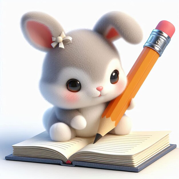 Photo cute rabbit writing on book with pencil 3d