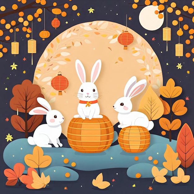 Cute Rabbits Celebrate MidAutumn Festival with Moonlit Forest Illustration