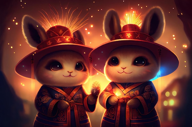 Cute rabbits couple in Chinese outfits clothes celebrating Chinese New year with colorful fireworks background Generative AI