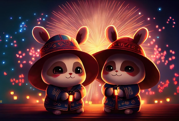 Cute rabbits couple in Chinese outfits clothes celebrating Chinese New year with colorful fireworks background Generative AI