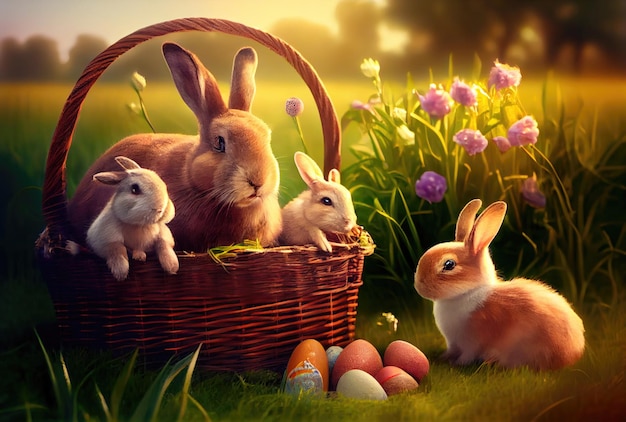 Cute rabbits family in the meadow with many Easter eggs in golden hour Digital art theme Generative AI