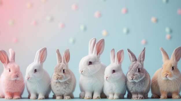 Photo cute rabbits of various colors lined up against a pastel backdrop in soft lighting