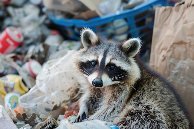 cute raccoon in garbage animal concept