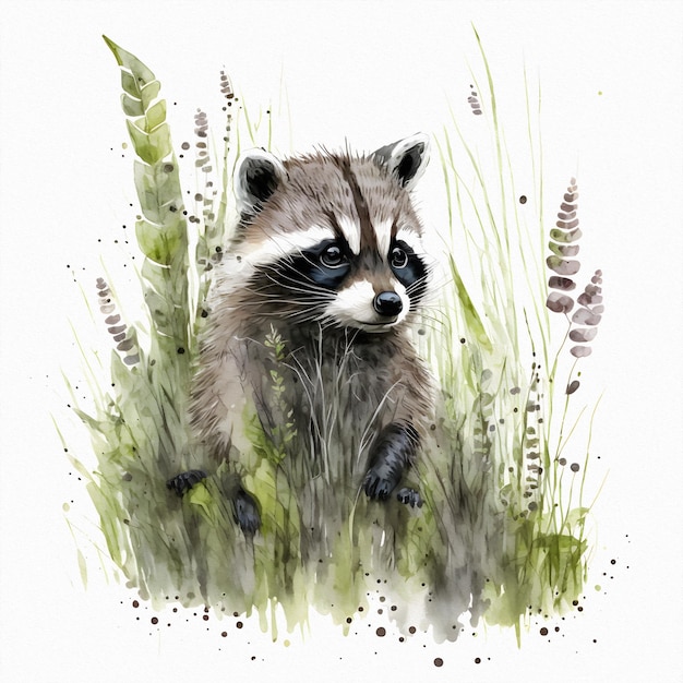 Cute raccoon is sitting in field among wildflowers and grass Watercolor illustration