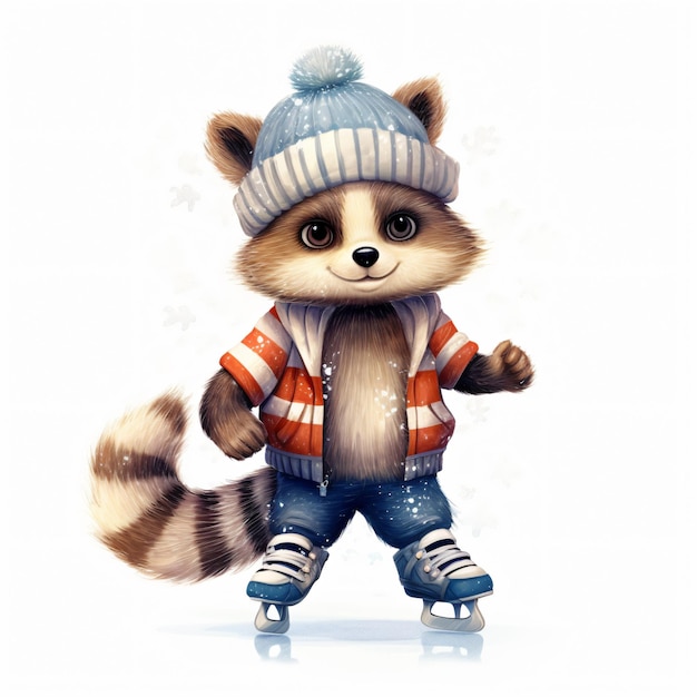 cute raccoon wearing sweater and hat play ice skate