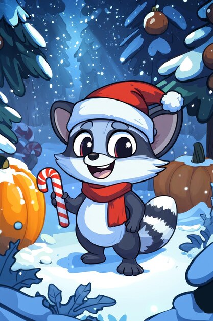 Cute Raccoon in Winter Wonderland Holding a Candy Cane