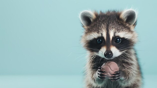 Photo a cute raccoon with big eyes holds a brown ball in its paws