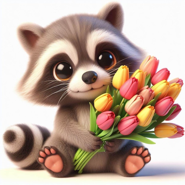 Cute raccoon with a bouquet of flowers Card for mom