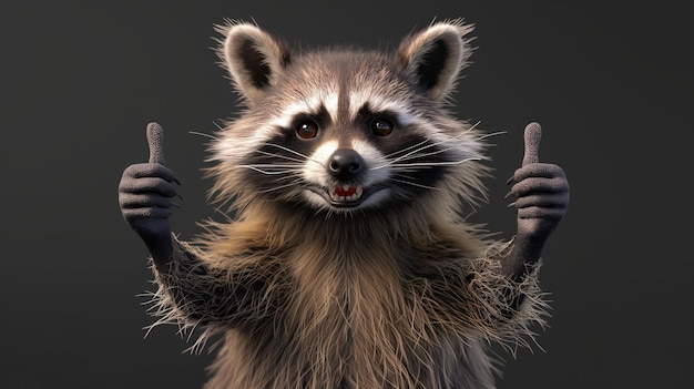 A cute raccoon with two thumbs up against a dark background