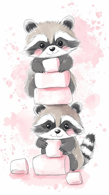 Photo cute raccoons stacking marshmallows with a playful watercolor background