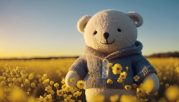 Cute rag bear doll romantic canola field Made with Generative AI