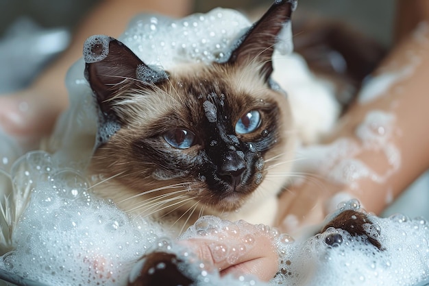 Cute Ragdoll cat in a bath with bubbles and gentle grooming