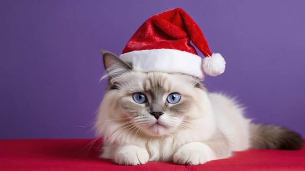 Cute Ragdoll cat in a Santa hat with a purple background and space for a festive message