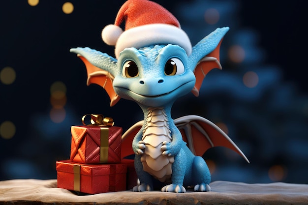 Cute realistic dragon in a christmas hat with gift boxes The symbol of the new year AI generated