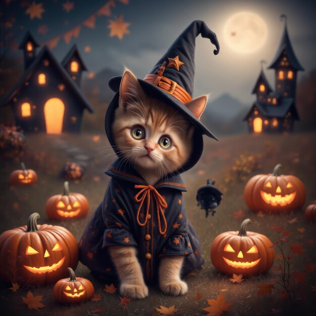 Photo cute red cat halloween banner pumpkins spooky dark background