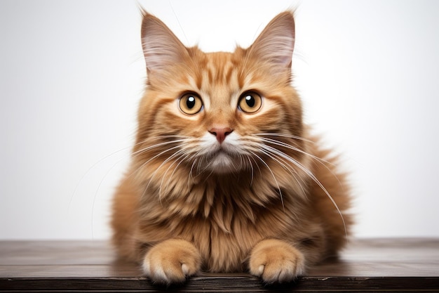 Cute red cat lying on the floor on white background looking at camera