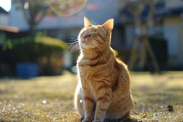 Cute red cat sitting on the grass in the garden at sunset