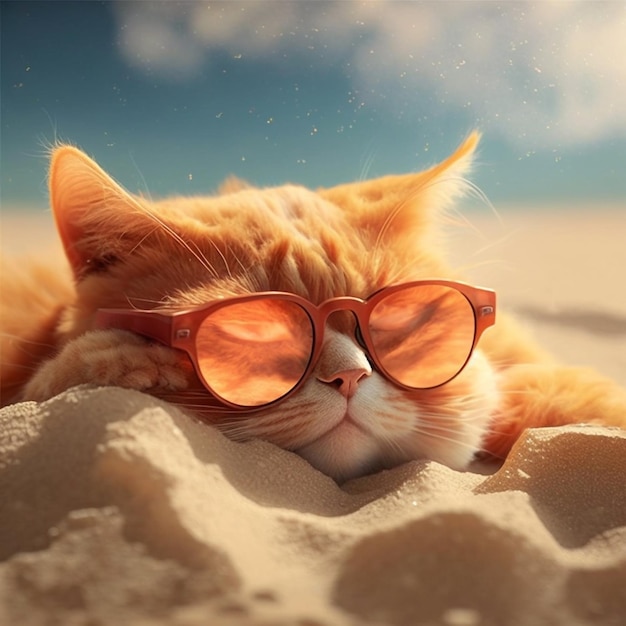 Cute red cat with sunglasses lying on the beach Created with Generative AI technology