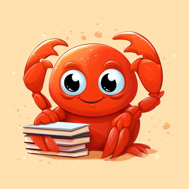 cute red crab cartoon student animal holding pencil