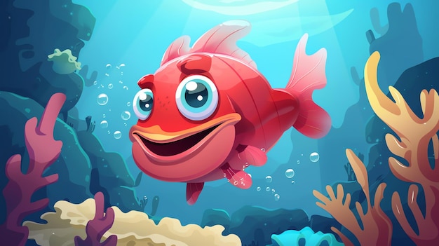 Photo cute red fish cartoon character smiling underwater with corals