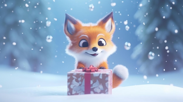 Cute Red Fox Carrying Gift Box