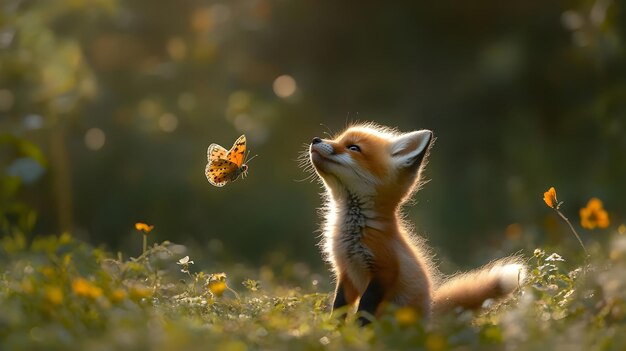 Cute Red Fox Kit Looking Up at a Butterfly Illustration