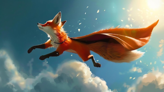 A cute red fox with a cape soars through the sky leaving a trail of white petals in its wake