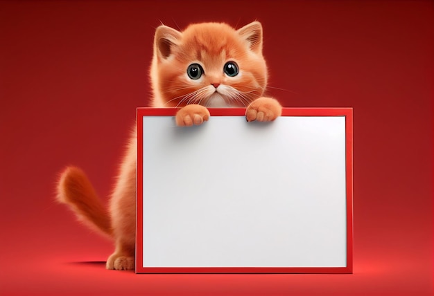 Cute red kitten holding a blank frame with copy space on a gradient background AI Generated