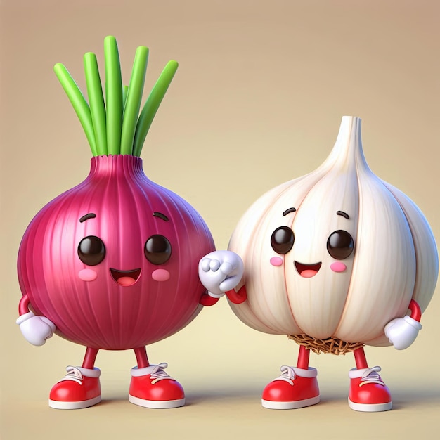 cute red onion and garlic high five cartoon 3d