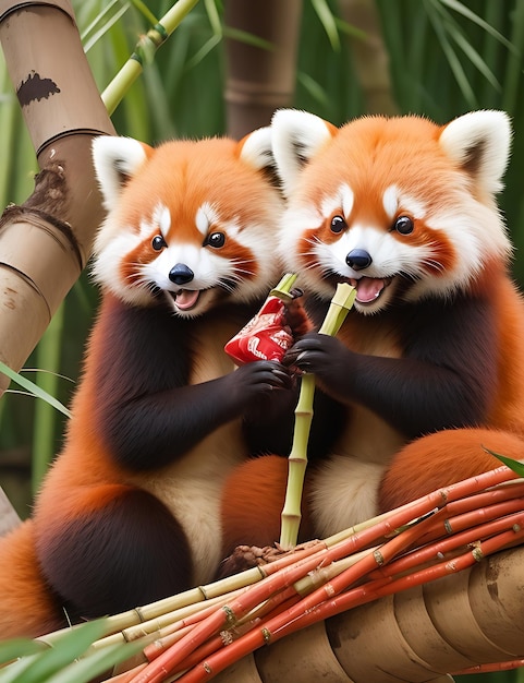 Photo cute red pandas sharing bamboo snack