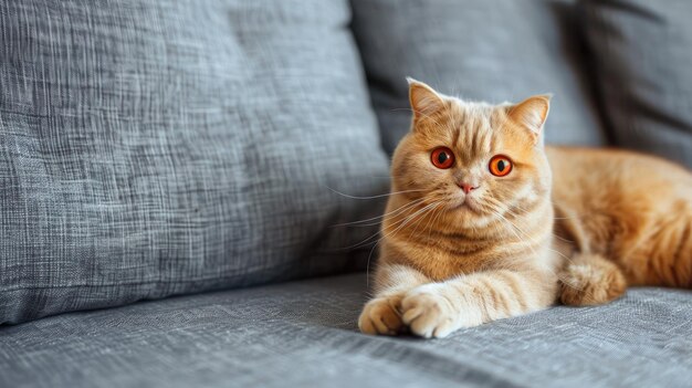 Cute red Scottish Fold cat with orange eyes lounges on a grey textile sofa at home