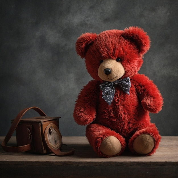 Cute red soft teddy bear sitting Tie a blue bow with white polka dots