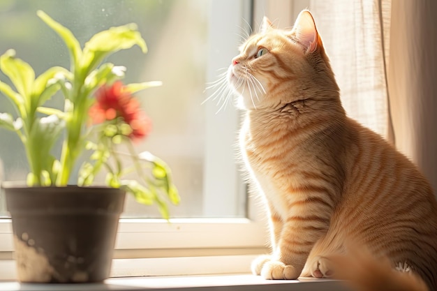 Cute red tabby scottish fold cat sitting on windowsill and licks itself pet licking paw and washing