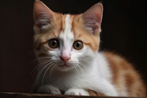 Cute red and white kitten in studio photo poses with a curious expression