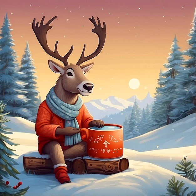 Cute Reindeer with Santa Hat in a Snowy Christmas Day