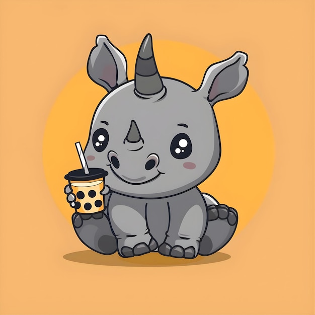 Photo cute rhino drinking boba milk tea with grass cartoon vector icon illustration animal drink isolated