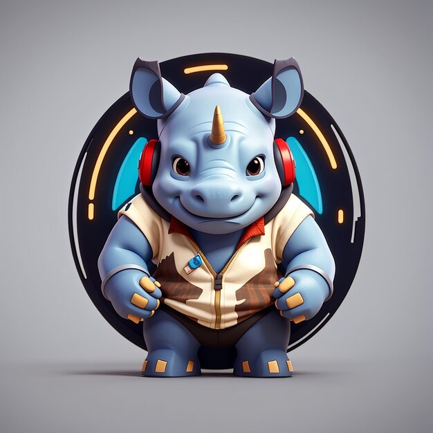 Photo cute rhino gaming cartoon vector icon illustration animal technology icon concept isolated premium