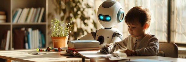 Cute robot assisting a young boy with homework in a cozy study environment Future education and AI tutoring concept