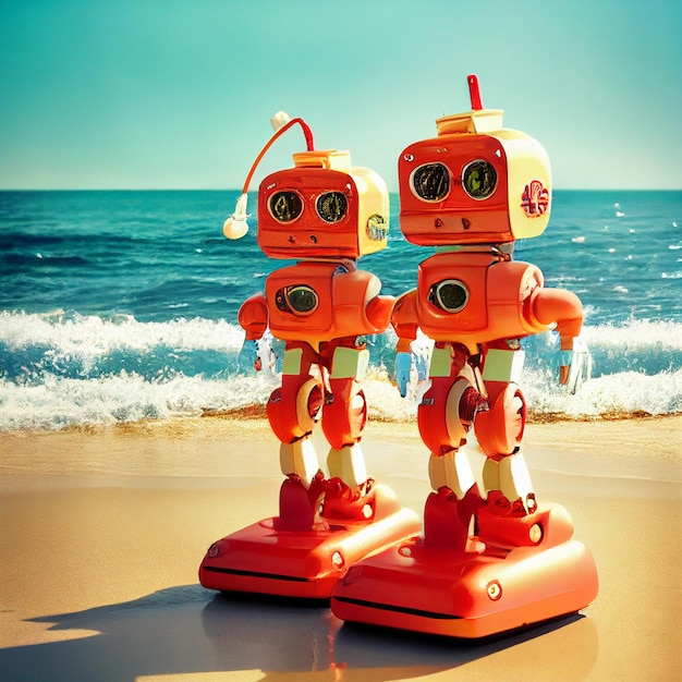 Cute robot on the beach Scifi illustration