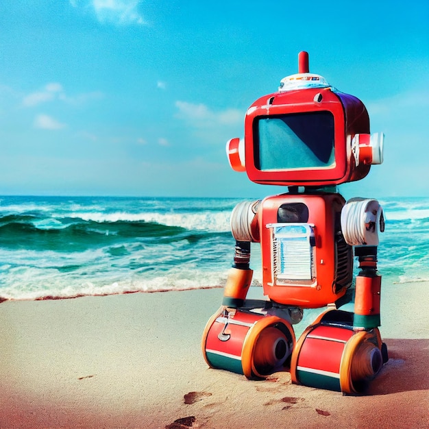 Cute robot on the beach Scifi illustration