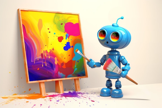 Cute robot character engaged in painting with a paintbrush and easel Concept of computer generated art Colorful cartoon style generative AI illustration