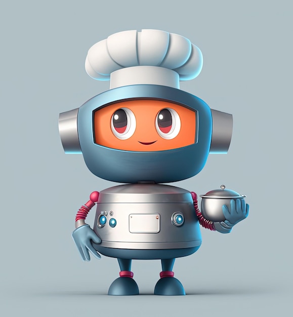 Cute robot chef standing holding a pot over light grey background 3D illustration