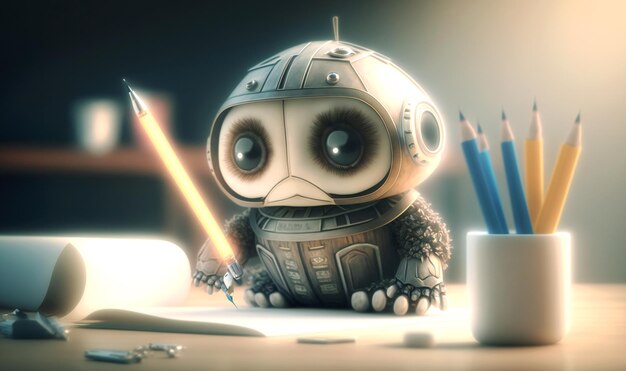 Cute robot concentrating at computer desk holding pencil and writing