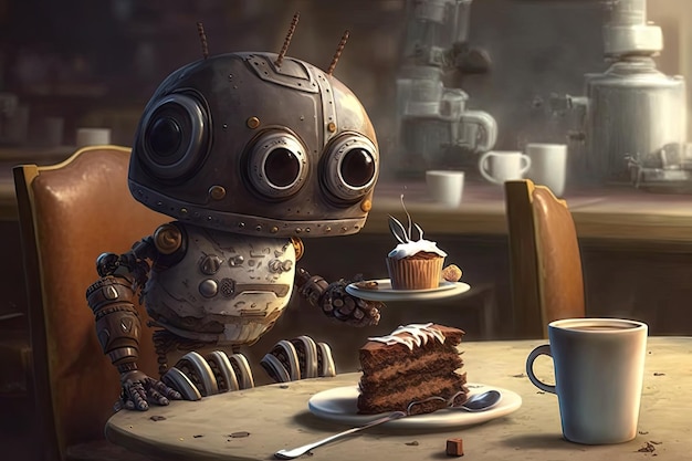 Cute robot enjoying coffee and pastry in a cafe setting