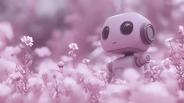 Cute Robot in a Field of Flowers