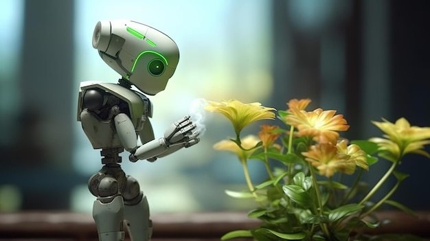 Cute robot in garden with blooming flowers copy space Funny robot with spring flowers Created wit