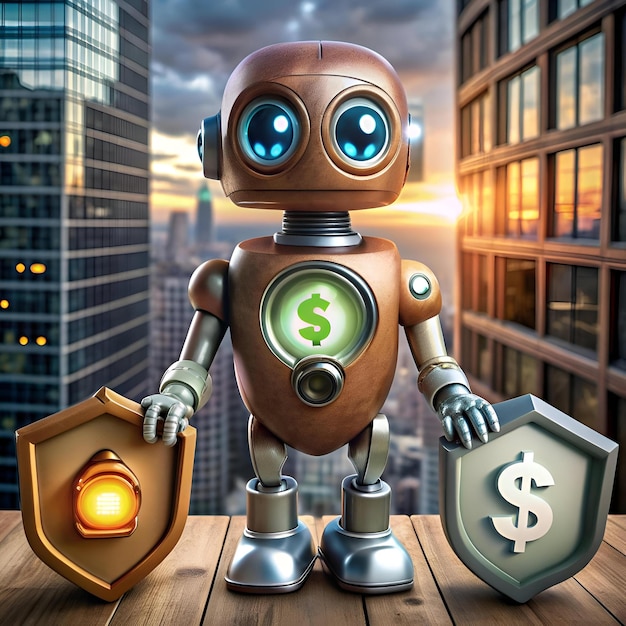 Photo cute robot holding a dollar sign shield and a shield with a light on it