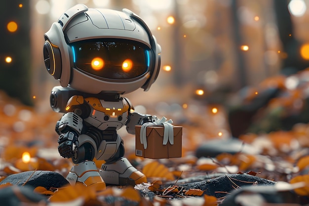 Cute Robot Holding Gift Box in Autumn Forest Setting