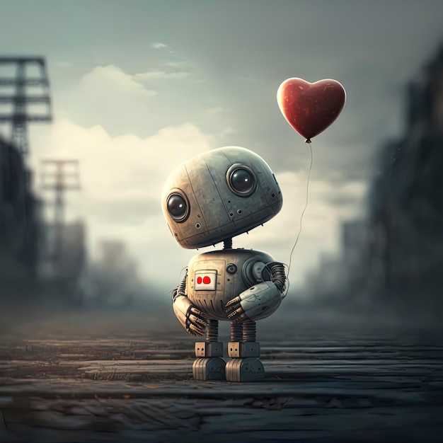 Cute robot holding a heart shaped balloon