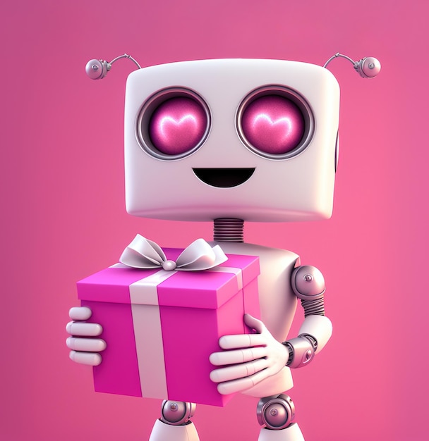 Cute robot in love holding a Valentine day's gift box over pink